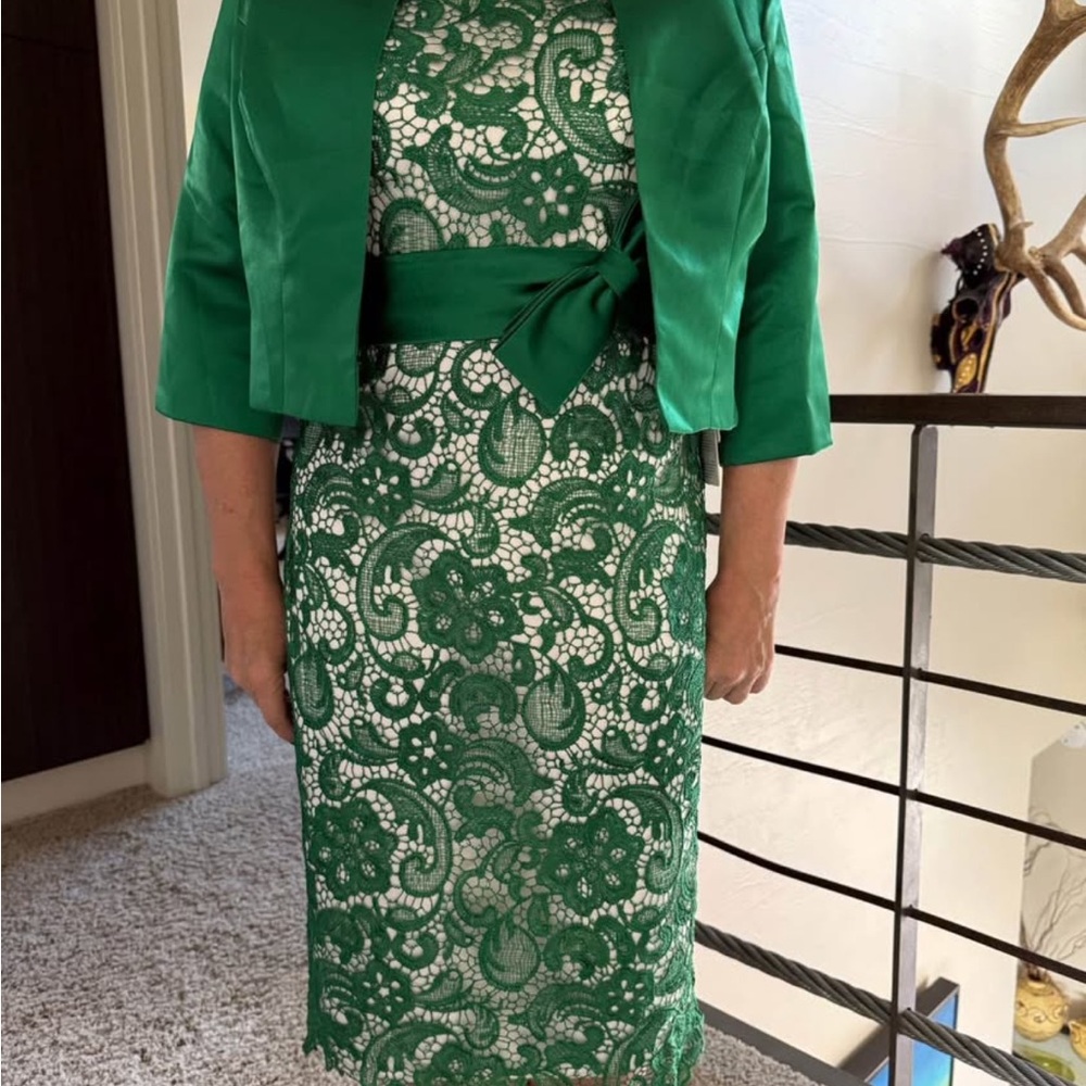 Green and White Embellished Midi Pencil Dress